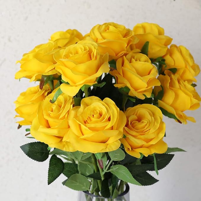 Nubry Artificial Silk Rose Flower Bouquet Lifelike Fake Rose for Wedding Home Party Decoration Event Gift 10pcs (Yellow)