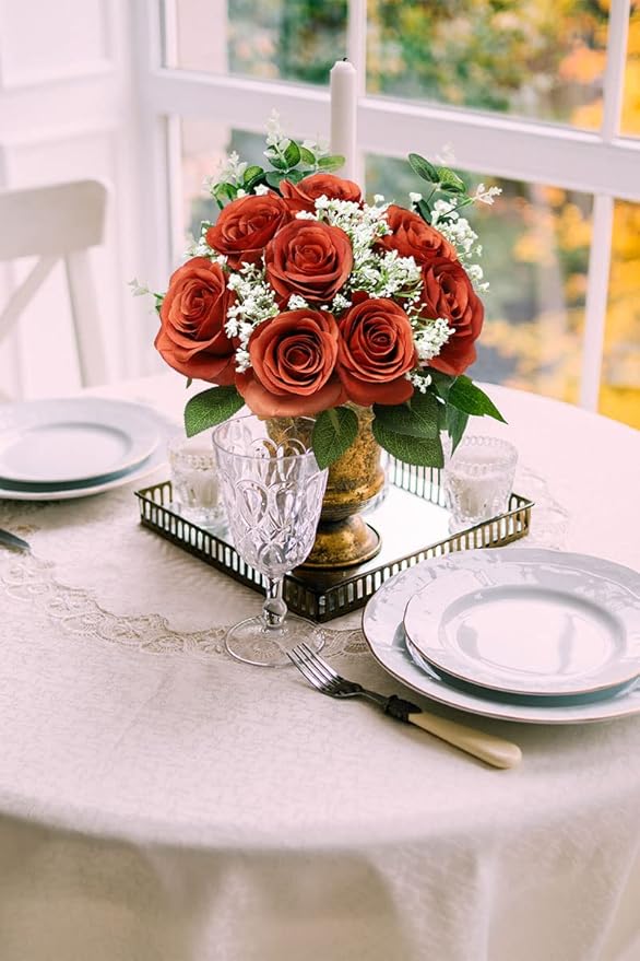 Artificial Rose 30Pcs Burnt Orange Rose Flower Artificial Flowers Flower with Long Stem Silk Roses Bouquet for Wedding Bridal Shower Party Home Decoration