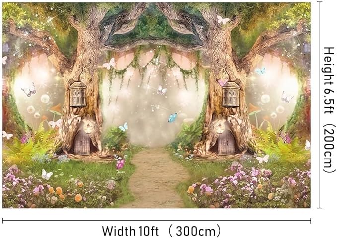 Leowefowa 10x6.5ft Enchanted Forest Birthday Backdrop Fairy Tale Forest Enchanted Garden Photography Background for Kids Birthday Baby Shower Party Photoshoot Newborn Children Cake Smash Studio Props