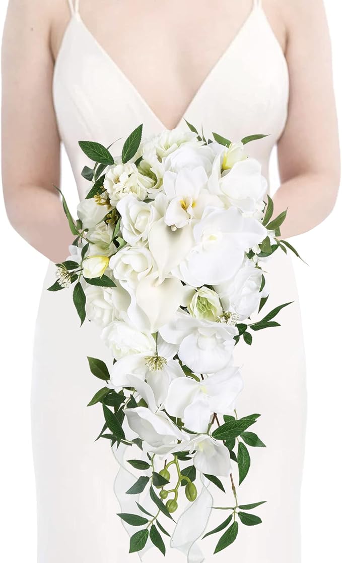 Bridal Bouquets for Bride,10 Inch White Wedding Bouquets for Bride for Ceremony Anniversary Wedding Bridal Shower(White Green)