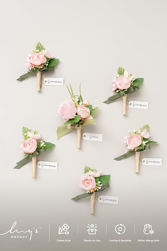 Ling's moment Wedding Artificial Flowers Package, Bridal Bouquet, Bridesmaid Bouquets, Boutonniere for Men, Rose Petals.Blush Pink