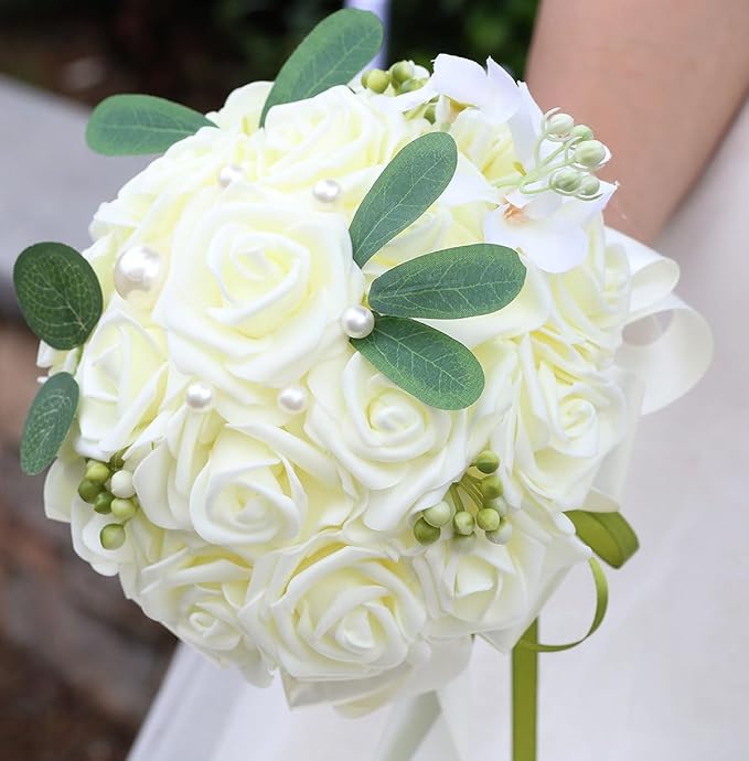 Lightweight Bridal Wedding Bouquet Round Holding Bouquet Throw Toss Artificial Rose Flower Bunch for Bride Bridesmaid Wedding Quinceanera (Cream, 7.9")