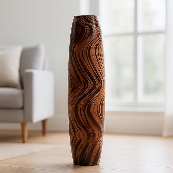Leewadee Large Brown Home Decor Floor Vase - Wooden 34 inch Tall Farmhouse Decor Flower Holder for Fake Plant and Pampas Grass