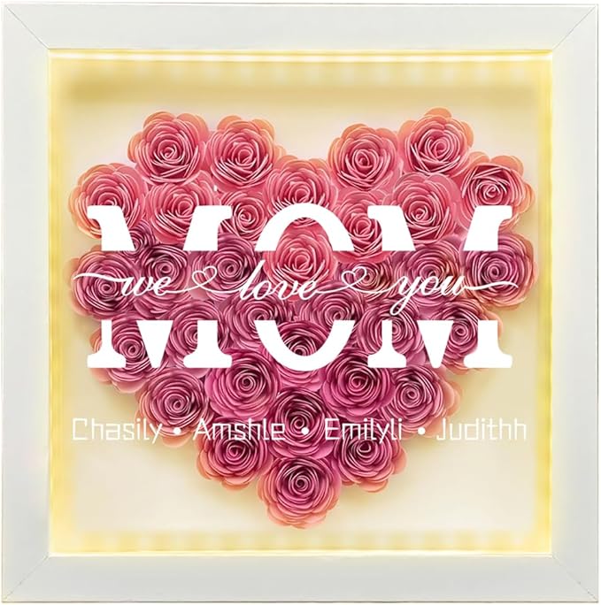 Personalized Mom Flower Shadow Box with LED Light Custom Heart Shaped Rose Flower Shadow Box Frame Mother's Day Rose Shadowbox Memory Gifts for Mom from Daughter Christmas Birthday,21