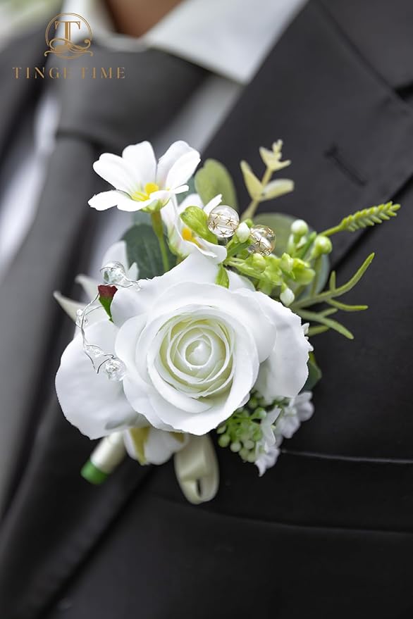 TINGE TIME Boutonniere for Men Wedding,Groom and Best Man Boutonniere for Weddings Ceremony Anniversary, Formal Dinner Party and Rustic Spring Wedding Marriage (10, IvoryWhiteRose)