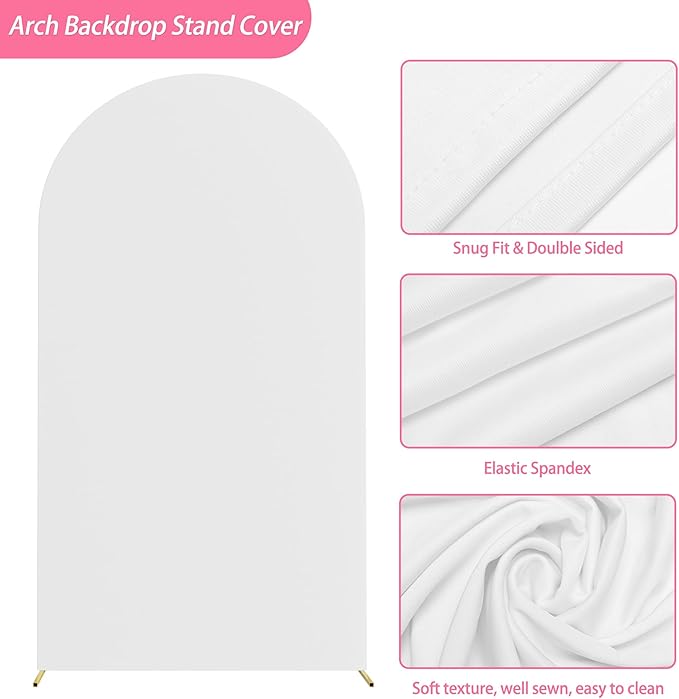 Putros 7.2ft Metal Arch Stand with Cover White Spandex Fitted Wedding Arch Cover and Round Top Chiara Backdrop Stand Set for Birthday Party Baby Shower Decoration