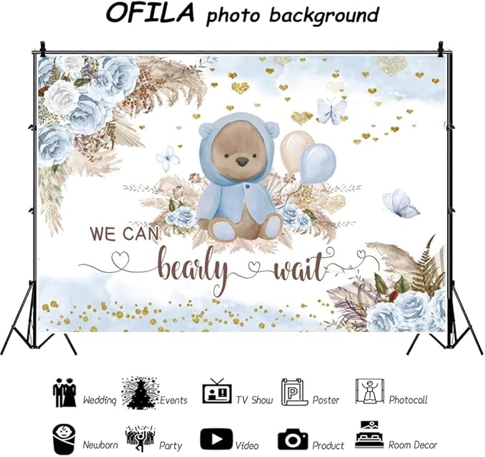 We Can Bearly Wait Backdrop for Boy's Boho Baby Shower Party Decorations 10x8ft Blue Floral Bohemian Pampas Grass Lovely Bear Baby Shower Decorations Banner Photography Background