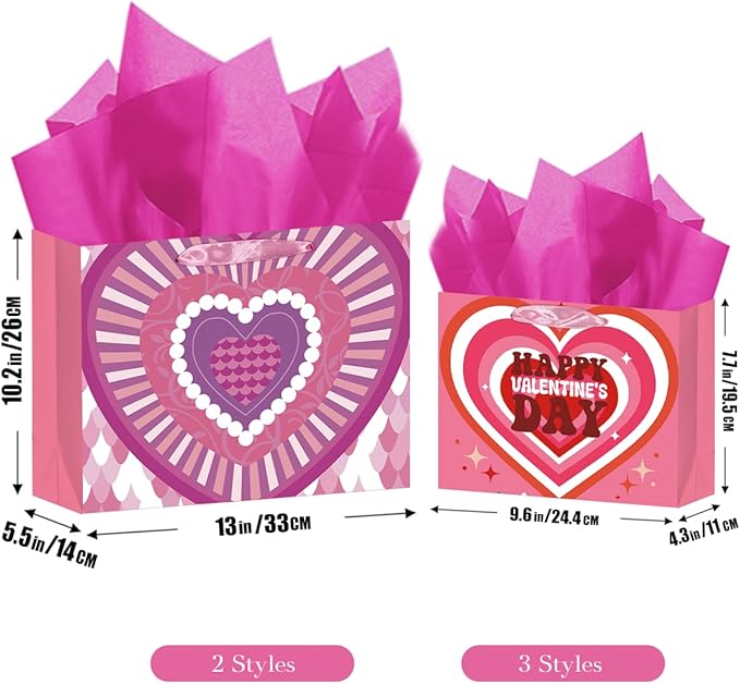 qiqee Valentine 5PCS Wide Gift Bag with Tissue Paper Assorted Size Present Wrap Bags For Lover (3 PCS Medium Size+2 PCS Large Size)