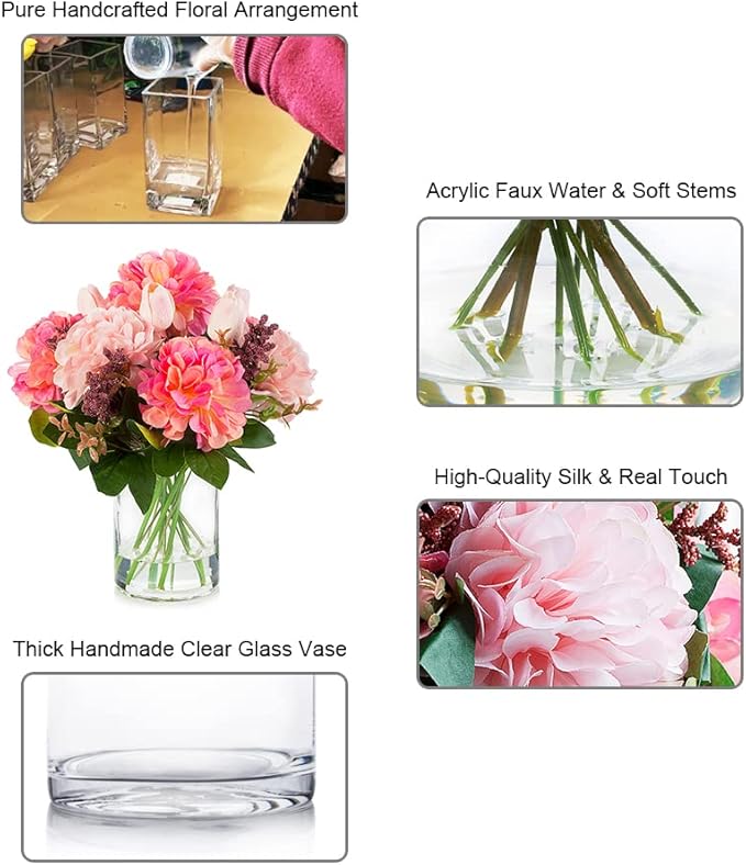 ENOVA FLORAL Tulip Real Touch Artificial Flower Arrangement with Vase, Mixed Dahlia Silk Flower in Vase for Dining Table Decorations, Wedding Centerpiece (Pink)
