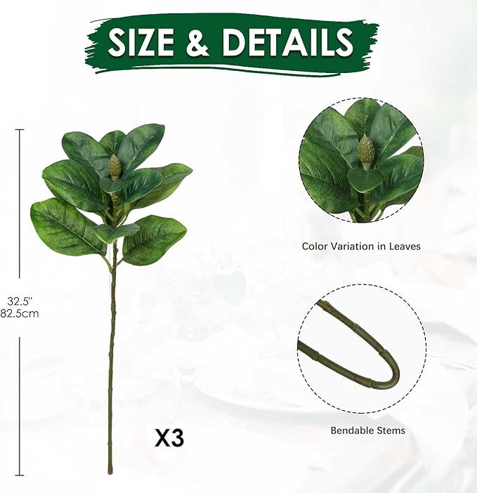 Briful 3PCS Faux Magnolia Stems 32.5'' Long Stem Artificial Magnolia Leaves Branches Fake Greenery for Home Office Vase Table Centerpiece Arrangement Decor