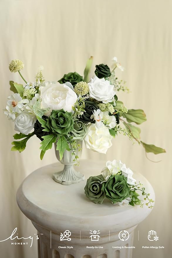 Ling's moment Artificial Flowers, 25Pcs 3" Roses in Emerald Green Shades, Realistic DIY Foam Floral Fill for Wedding Bouquets/Centerpieces, Outdoor Party Backdrops, Room/Table, Garden/Pot Decorations