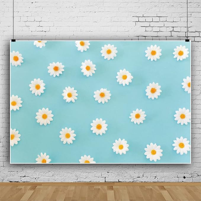 Laeacco Daisy Flower Backdrop for Photography White Floral Blue Photo Background Baby Shower Birthday Party Decorations Cake Table Banner Girls Children Portrait Photoshoot Studio Props 6x4ft Vinyl