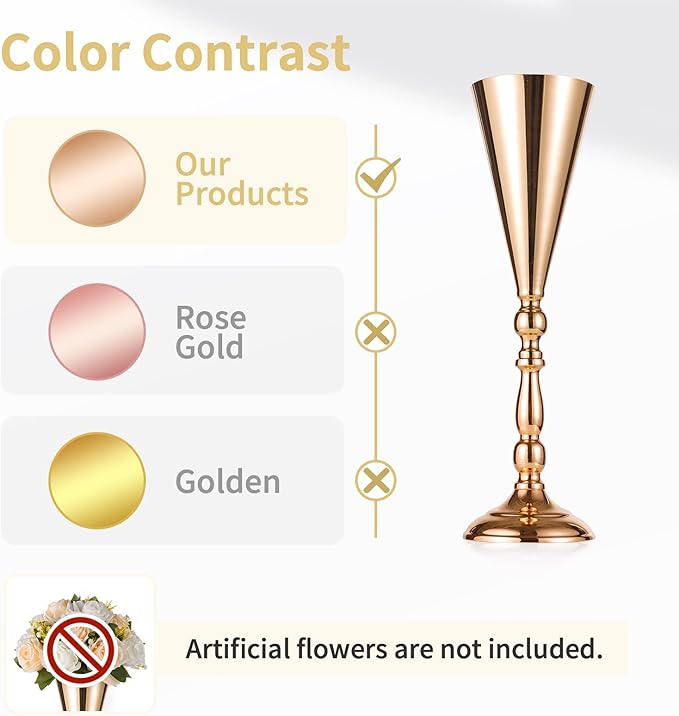 2 Pcs Tabletop Metal Wedding Flower Trumpet Vase, 16.5 inch Tall Table Decorative Centerpiece, Artificial Flower Arrangements for Anniversary Ceremony Party Birthday Event Aisle Home Decoration (Gold)