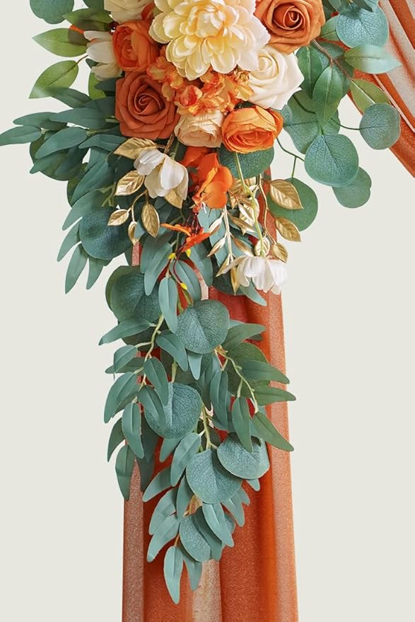 ponatia Artificial Wedding Arch Flowers Kit(Pack of 3) with 26Ft Shiny Wedding Arch Draping Fabric, Arch Flowers for Wedding Ceremony and Reception Backdrop Wedding Decoration (Burnt Orange)