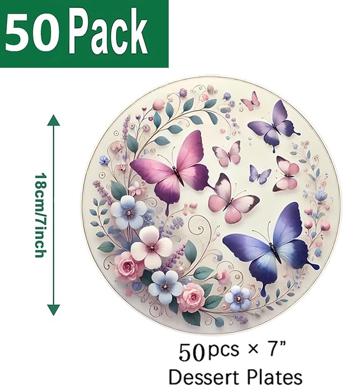 50Pcs Butterfly Plates Butterfly Birthday Party Supplies 7" Pink Purple Butterfly Paper Plates Spring Floral Shower Spring Summer Picnic Wedding Tea Party Vintage butterflyParty Decor