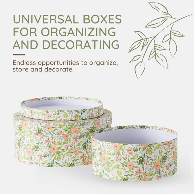 Soul & Lane Wild Flowers Oval Storage Boxes for Home Décor - Set of 2: Floral Gift Boxes with Lids for Presents, Decorative Photo Storage Cartons, Stackable Paperboard Containers for Organizing