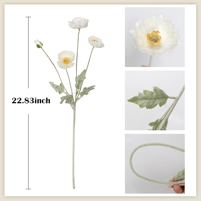White Poppy Flowers Artificial,8PCS Fake Poppies 22.8" Realistic Silk Flowers with Stems for Wedding Party Table Centerpiece Home Decor(White)