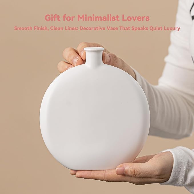 White Ceramic Flat Vase - 6.2" Unique Flower Vase for Pampas Grass & Centerpieces, Decorative Boho/Farmhouse Vase for Living Room, Office Desk & Housewarming Gift (for Her/Yourself)