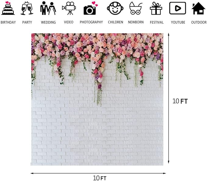 LTLYH 10x10ft White Brick Wall Flowers Background Spring Theme Photography Backdrop for Mother's Day Valentine Wedding Bridal Baby Shower Birthday Party Decor Banner Portrait Photo Booth Prop 134