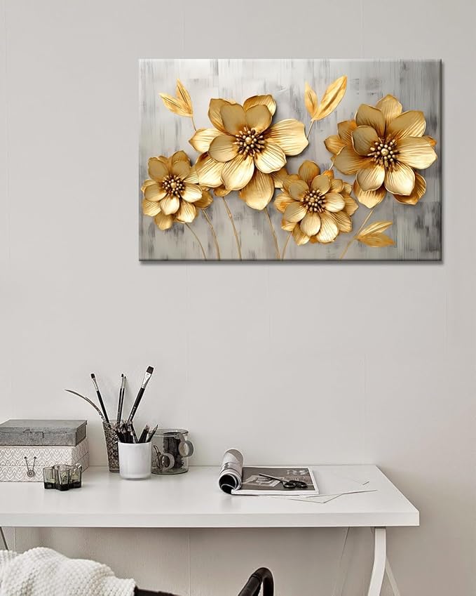 GLOKAKA Gold Metallic Flowers Print Wall Art Elegant Floral Flower Canvas on Grey Background Painting Picture Artwork for Living Room Bedroom Bathroom Decor (Gold Metallic Flowers, 18"x12")