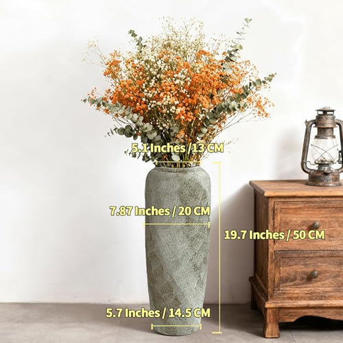 19.7 Inch Rustic Ceramic Tall Floor Vase, Slim Tapered Rustic Farmhouse Vase for Dried Stems & Pampas, Neutral Beige Decorative Vase for Living Room