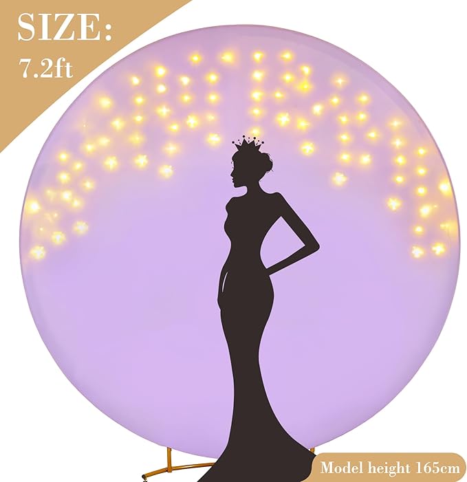7.2 FT Purple Round Backdrop Cover with Lights String for Circle Arch Stand Circle Backdrop Covers with LED Fairy Lights for Wedding Arch Baby Shower Birthday Party Photo Photography Background