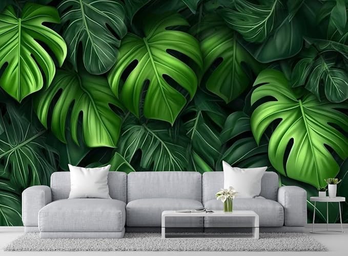 Tropical Green Leaves Background Mural, Large Wall Background Wallpaper, Decorate The Bedroom, Bathroom, Living Room Walls(Non-self-Adhesive)