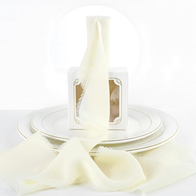 MEEDEE Ivory Chiffon Ribbon 3 Inch Frayed Ribbon Cream Chiffon Silk Ribbons Frayed Edge Wide Chiffon Ribbons for Crafts, Flower Bouquet, Wedding Favors Wrapping (2 Rolls 10 Yards)