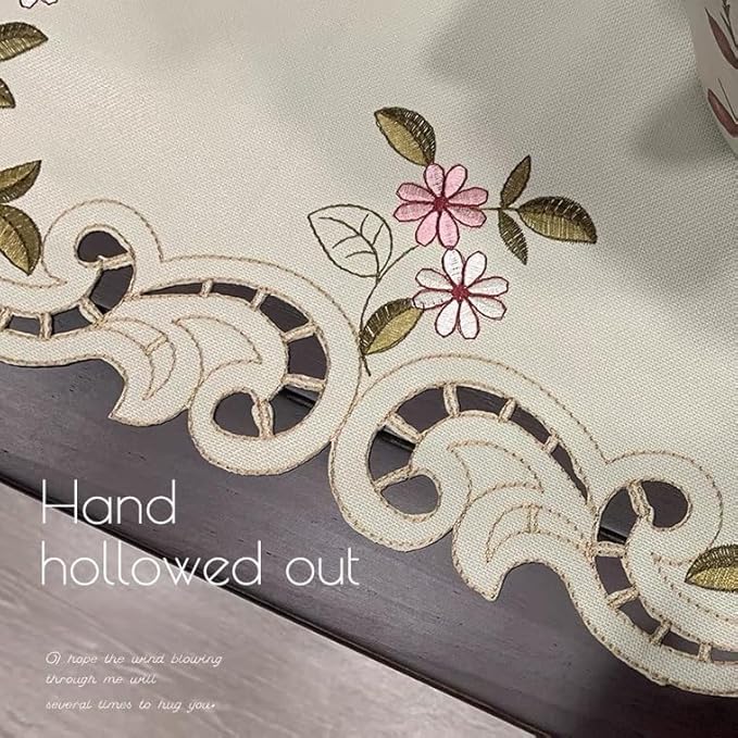 Embroidered Table Runner with Rose Pattern, Cutwork Design, 16x79 inches