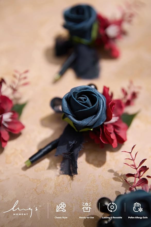 Ling's moment Boutonniere for Men, 6pcs Groom Groomsmen Boutonniere, Artificial Flowers for Wedding Decor/Prom/Homecoming, etc.Navy Blue Burgundy