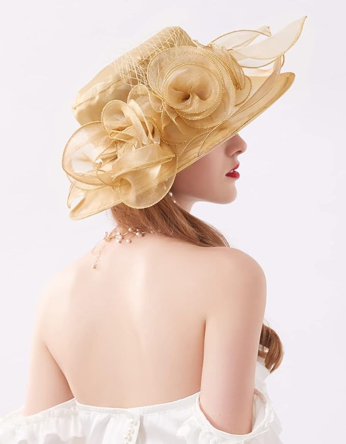 Organza Derby Hats for Women Wide Brim Fascinator Hat Rose Flower Wedding Tea Party Hat