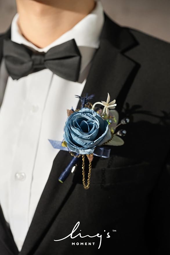 Ling's moment Boutonniere for Men, 6pcs Groom Groomsmen Boutonniere, Artificial Flowers for Wedding Decor/Prom/Homecoming, etc.Navy Blue & Pink