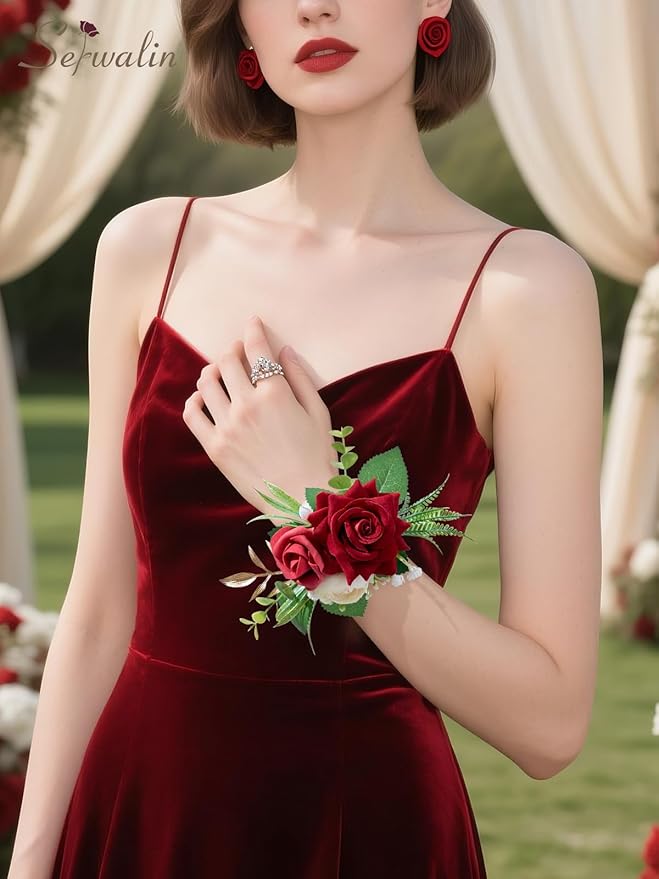 Serwalin 6 PCS Burgundy Wrist Corsage for Wedding, Roses Wrist Corsage for Prom Homecoming Party Corsage Hand Decor for Bride Bridesmaids, Mother of Bride and Groom