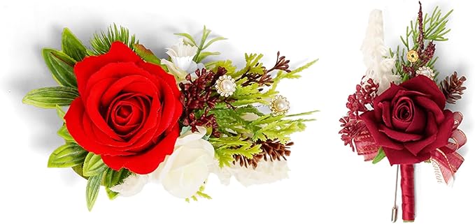 TINGE TIME Red Corsage and Boutonniere Set, Prom Flower Wrist Corsage Bracelets, Boutonniere for Men Wedding Flowers Accessories Prom Suit Decorations