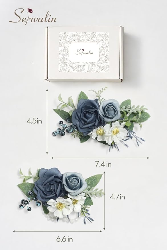 Serwalin Dusty Blue Corsage and Boutonniere Set 2pcs, 6-7inch Boutonniere and Wrist Corsage Wristband Prom Flower Wedding Flowers Accessories Prom Suit Decorations Cake Tppper