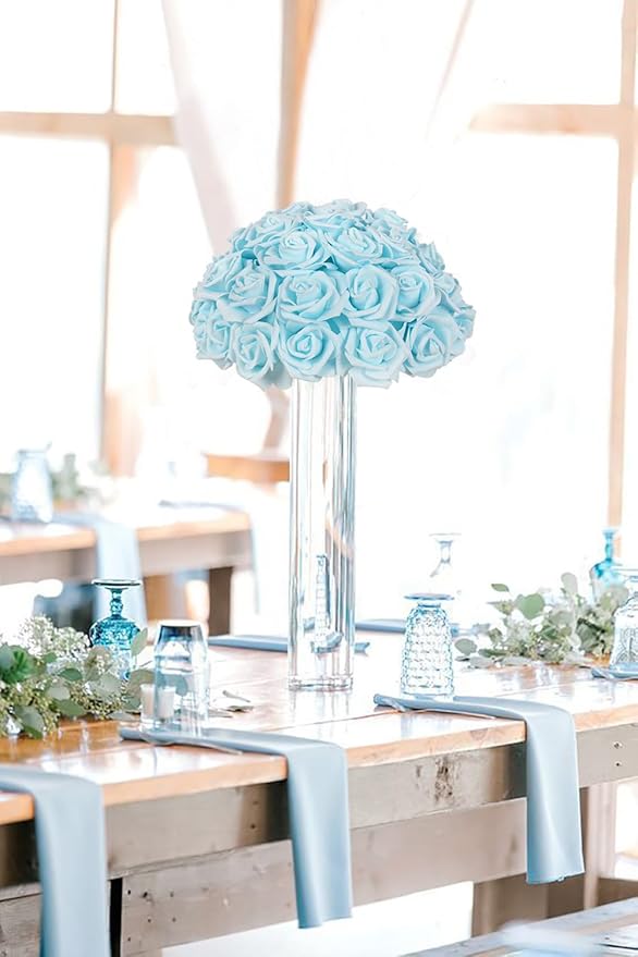 IPOPU Artificial Rose Flower Heads, 100pcs Light Blue Foam Fake Roses Bulk 3in Stemless Flowers for DIY Wedding Baby Shower Centerpieces Arrangements Party Tables Home Decorations (Light Blue)
