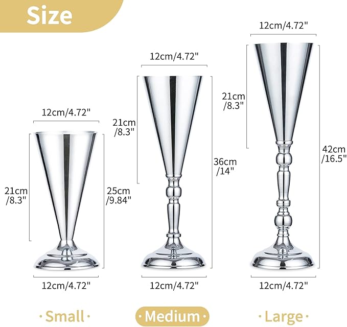 2 Pcs/ Set Tabletop Silver Metal Wedding Flower Trumpet Vase Table Decorative Centerpiece Artificial Flower Arrangements for Anniversary Ceremony Party Birthday Event Aisle Home Decoration