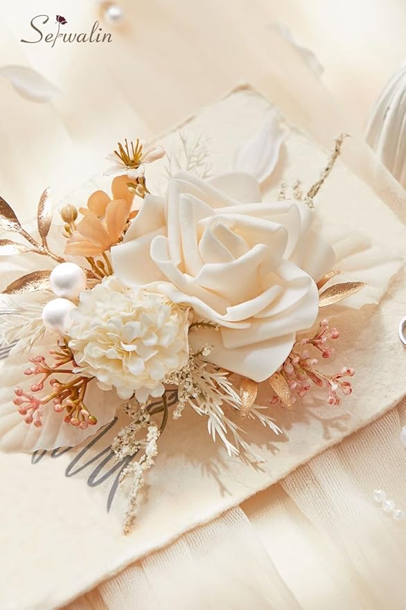 Serwalin 𝗦𝗲𝘁 𝗼𝗳 𝟮 Boutonniere for Men 𝟲-𝟳 𝗜𝗻𝗰𝗵 Corsage with Pins,Groom and Best Man Boutonnieres for Wedding Prom Ceremony Anniversary Party Cake Topper (Champagne)