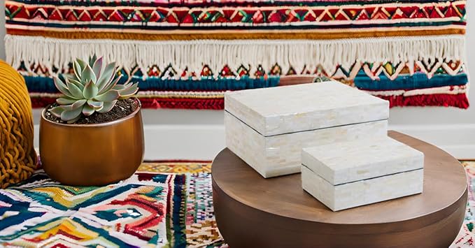 PEMAR Set of 2 Mother of Pearl Decorative Boxes w Lids, Handmade Mosaic Keepsake Jewelry Box Rectangular Treasure Chest, Shelf Decorative Wooden Box for Memory Tea Bags Coffee Accessories (White)