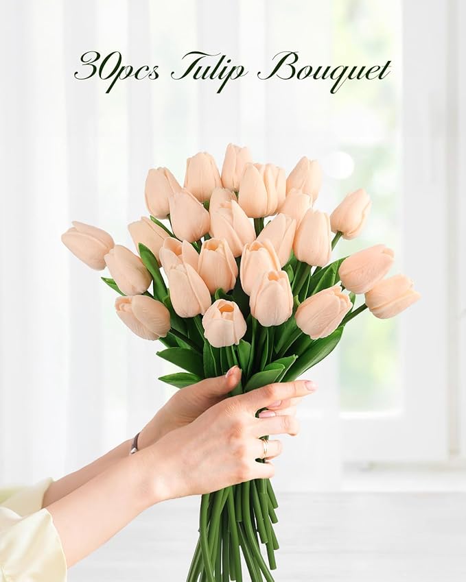 MACTING 30 PCS Artificial Tulip Flowers 13.7" Real Touch Fake PU Tulips Bouquet Faux Flowers for Floral Arrangements Table Centerpiece Kitchen Home Indoor Outdoor Summer Decorations (Light Pink)
