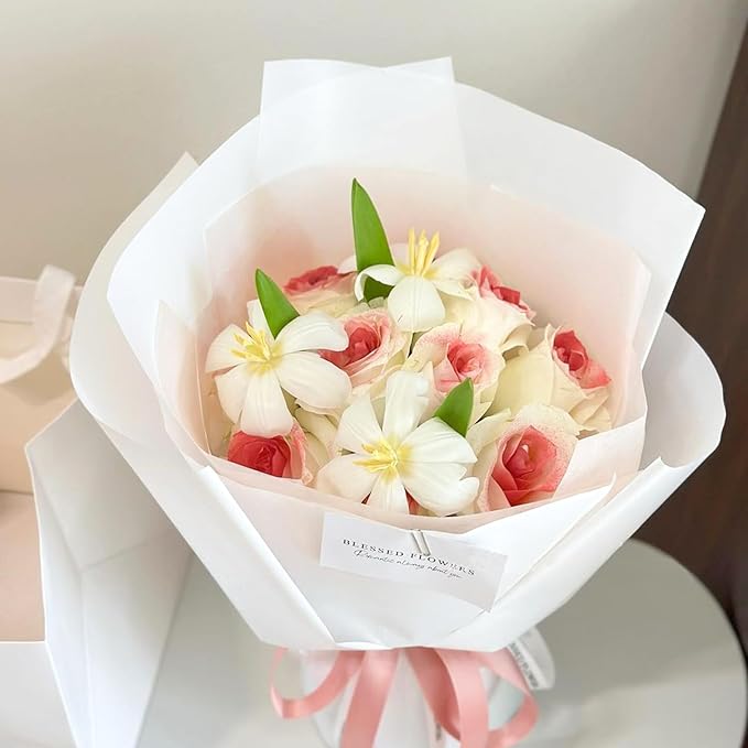 LeZakaa 20 Sheets Flower Wrapping Paper - Waterproof Reversible Floral Bouquet Paper - White Design for Valentine's Day, Mother's Day, Parties, Birthdays, Weddings, Baby Shower