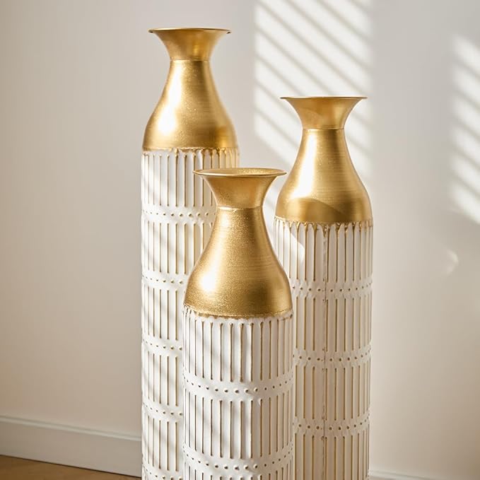 Floor Oversized Gold Metal Decorative Vase with 3D Triangle Pattern Set of 3 Large Vases for Home Living Room 33.5 ", 29.5 ", 25.2" High (Retro White)