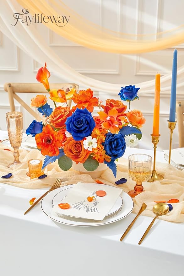 Faylifeway Artificial Flowers, Fall Orange and Red Silk Flowers for DIY Wedding Bridal Bouquets, Fall Fake Cake Flowers for Table Centerpieces Party Home Decorations