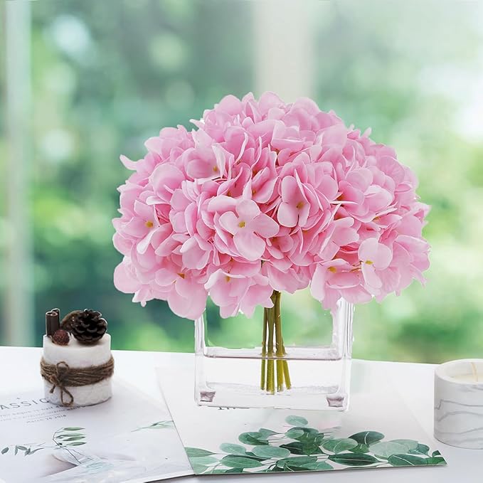 Artificial Hydrangea Flowers in Vase, Silk Floral Arrangement in Vase with Faux Water for Home Decor Indoor, Room Table (Pink)