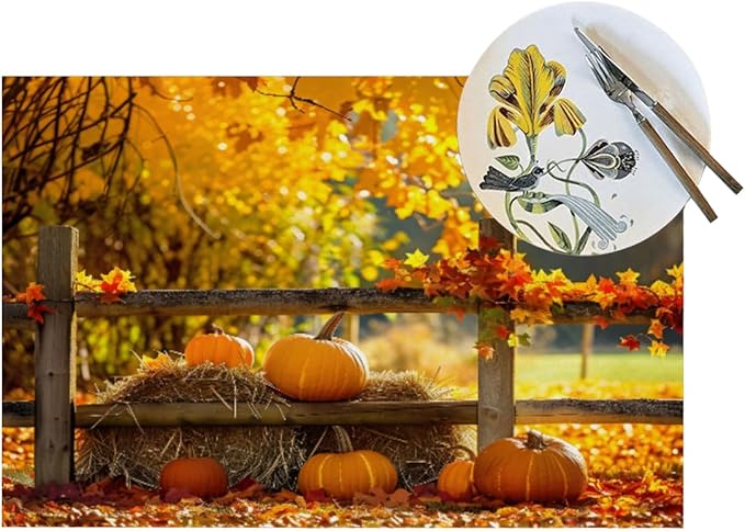PVC Placemats Set of 1 Wipeable Table Mats Washable Heat Resistant Non Slip Vinyl Dining Table Mat for Kitchen Indoor Outdoor Patio Farmhouse Place Mats Autumn Pumpkin Maple Decorative