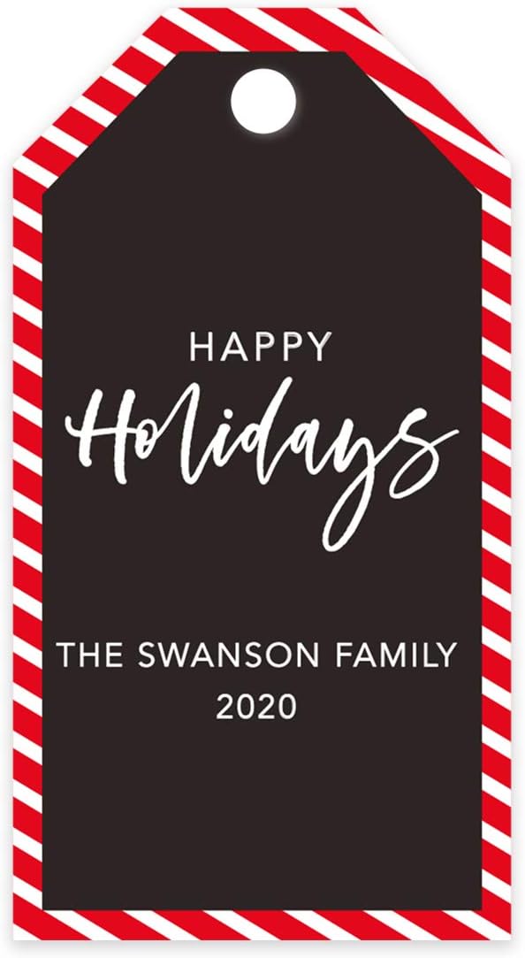 Andaz Press Personalized Christmas Holiday Season Classic Gift Tags, Happy Holidays Custom Family Name and Year, Candy Cane Striped Design, for Holiday Events, Parties, and Favors, 60-Pack