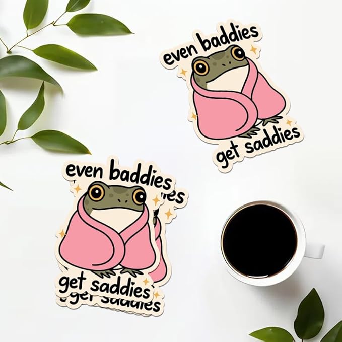 HANDICHI Design 5-Pack 2 Inch Even Baddies Get Saddies Frog Stickers – Funny Mental Health Vinyl Decal Set for Laptops, Water Bottles, Journals & Scrapbooks – Cute Baddie Sticker Pack