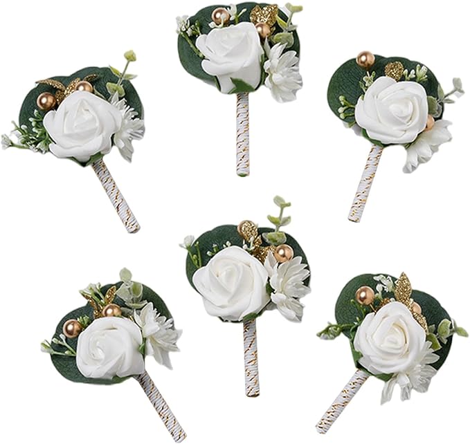Meldel White Boutonniere for Men Wedding, Set of 6, Best Man Groom Groomsmen Boutonniere, Men Boutonnieres for Wedding Prom Party Homecoming