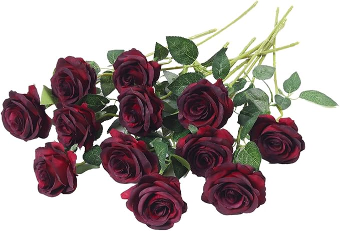 12 PCS Artificial Flowers Roses Silk Flowers Fake Long Stem Artificial Roses for Home Wedding Bathroom Kitchen Decorations (Wine Red)