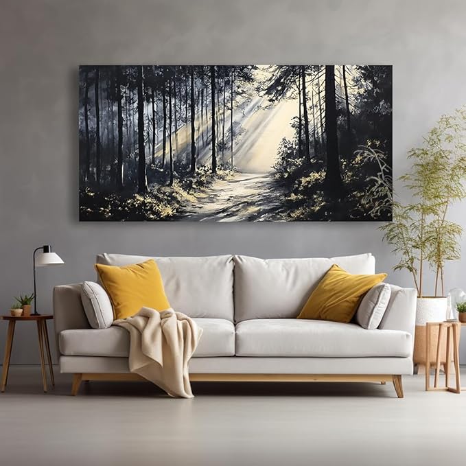 LAVIKARS Rustic Sunlight Forest Wall Art for Living Room Office Black and White Modern Landscape Canvas Painting Prints Large Nature Artwork Home Kitchen Bedroom Decor (28x58 Inches)